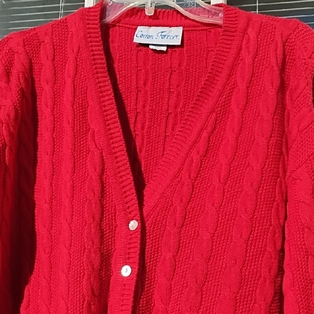 Cotton Forever Christmas Red Cable Knit V-Neck Cardigan. Sz L
